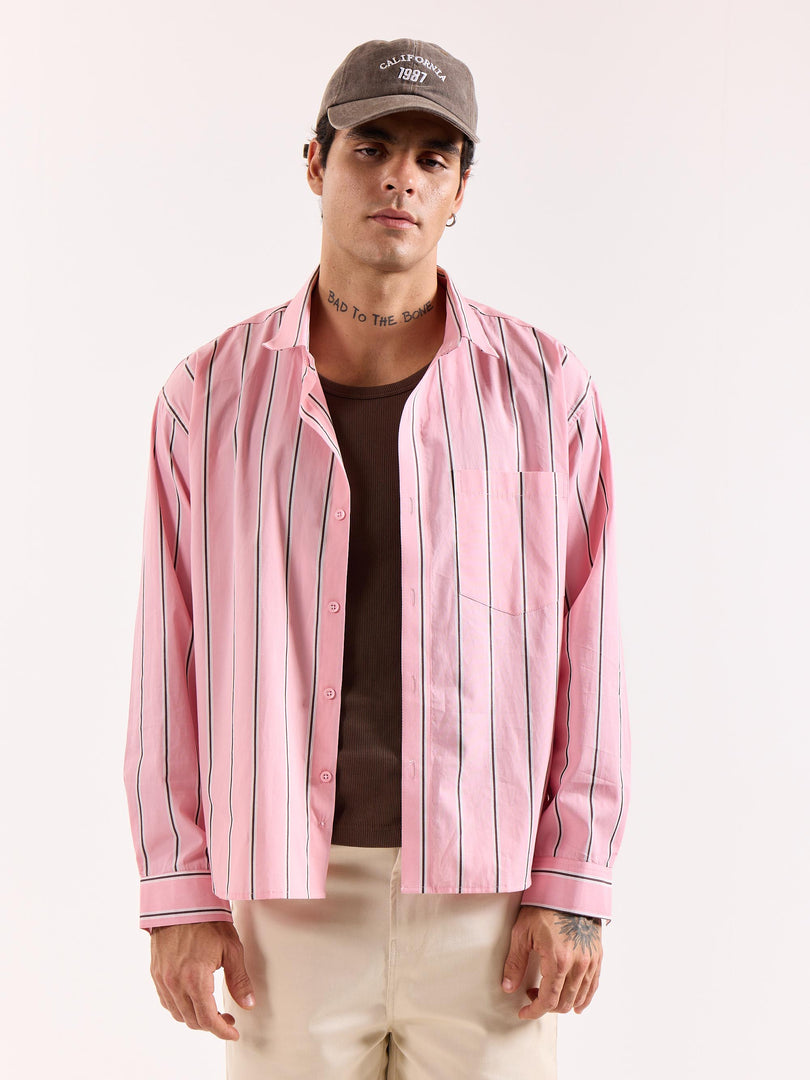 Pink & Brown Striped Poplin Oversized Shirt