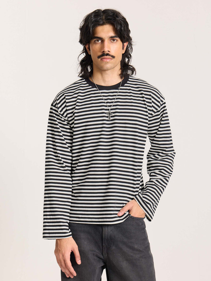 Black Striped Loose Fit Cropped T-Shirt