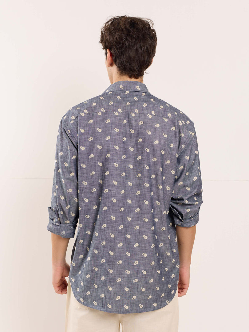 Indigo Floral Printed Chambray Shirt