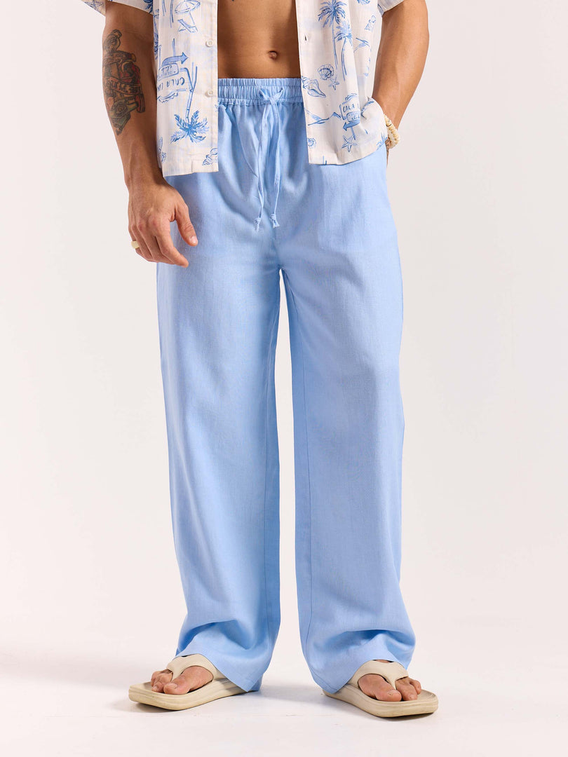 Powder Blue Linen Pull-on Pants