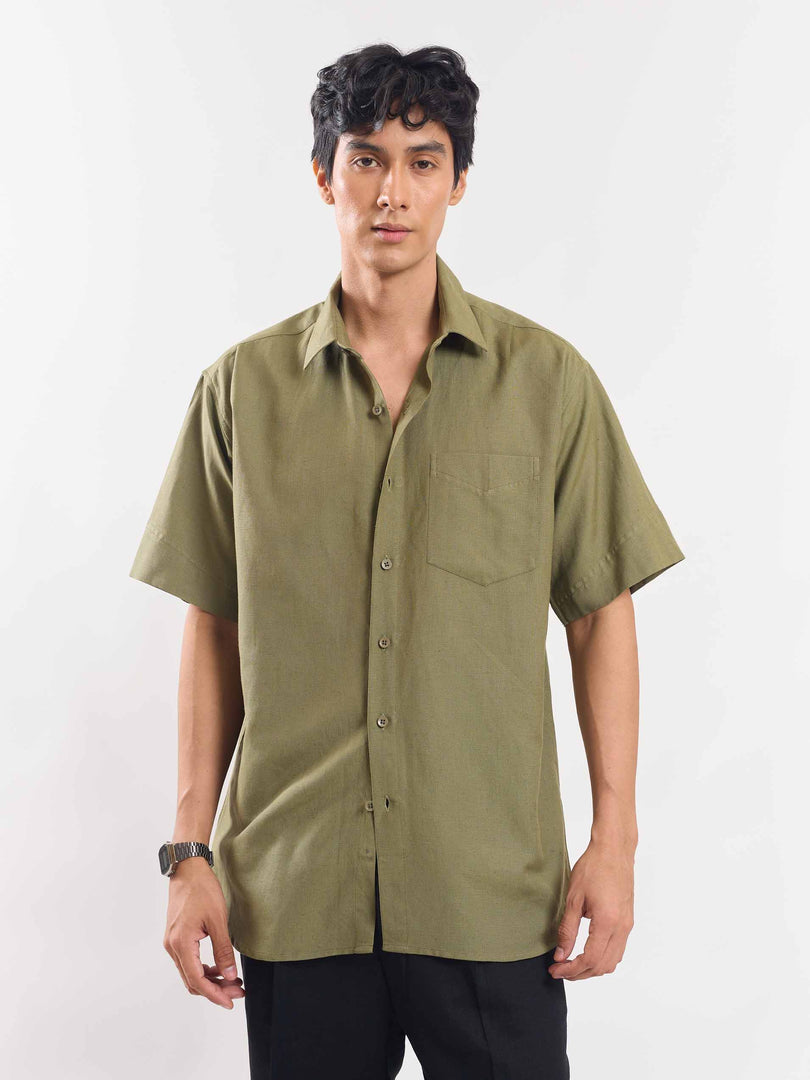 Olive Green Half Sleeve Linen Shirt