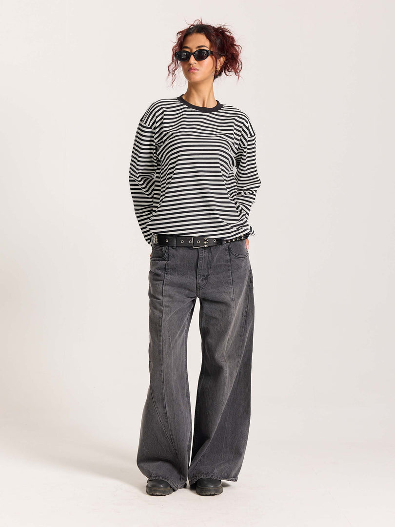 Black Striped Loose Fit Cropped T-Shirt