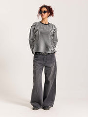 Black Striped Loose Fit Cropped T-Shirt