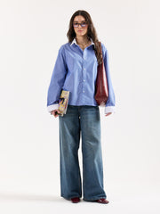 Blue Striped Contrast Collar Oversized Shirt
