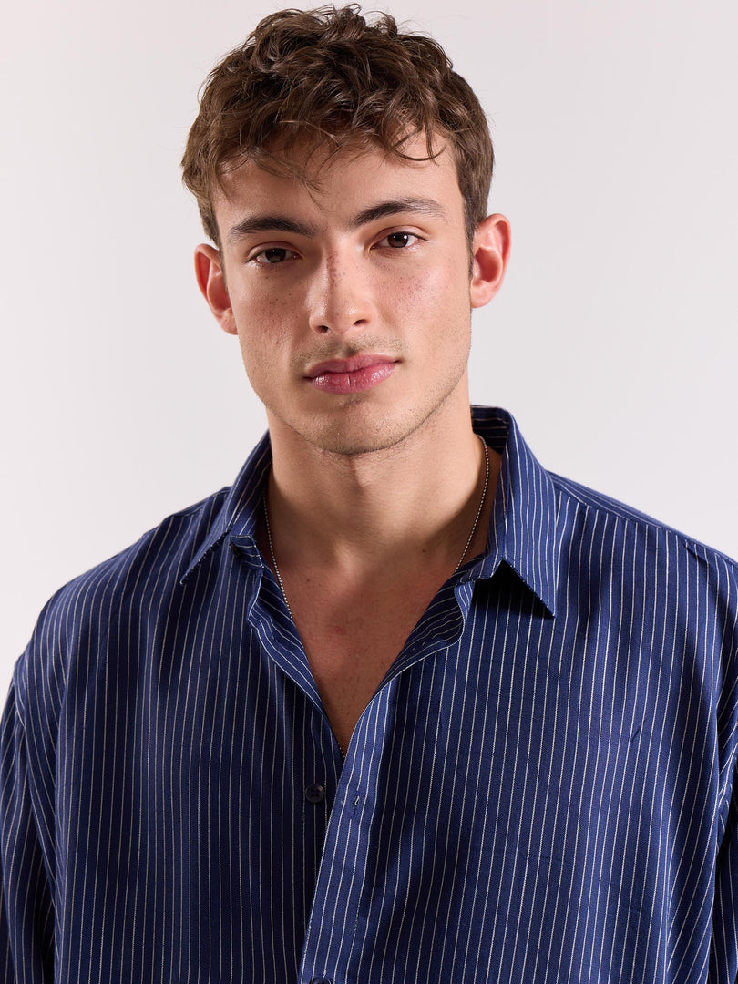 Blue Pinstriped Linen Cropped Shirt ( Pre-Order )