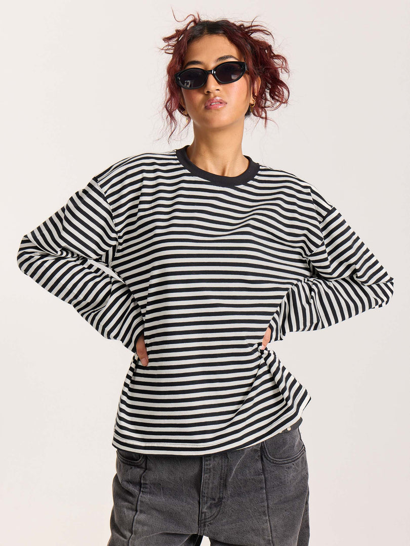 Black Striped Loose Fit Cropped T-Shirt