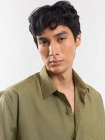 Load image into Gallery viewer, Olive Green Half Sleeve Linen Shirt
