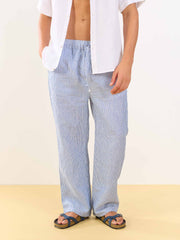 Blue Striped Linen Pull-on Pants
