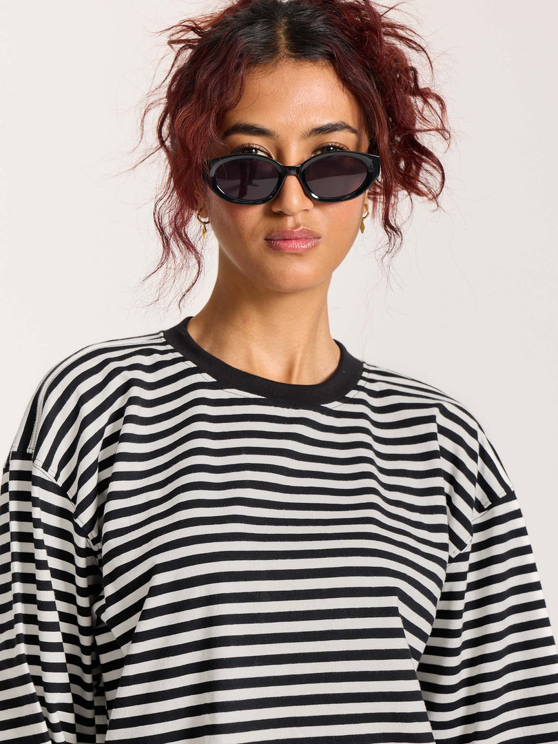 Black Striped Loose Fit Cropped T-Shirt
