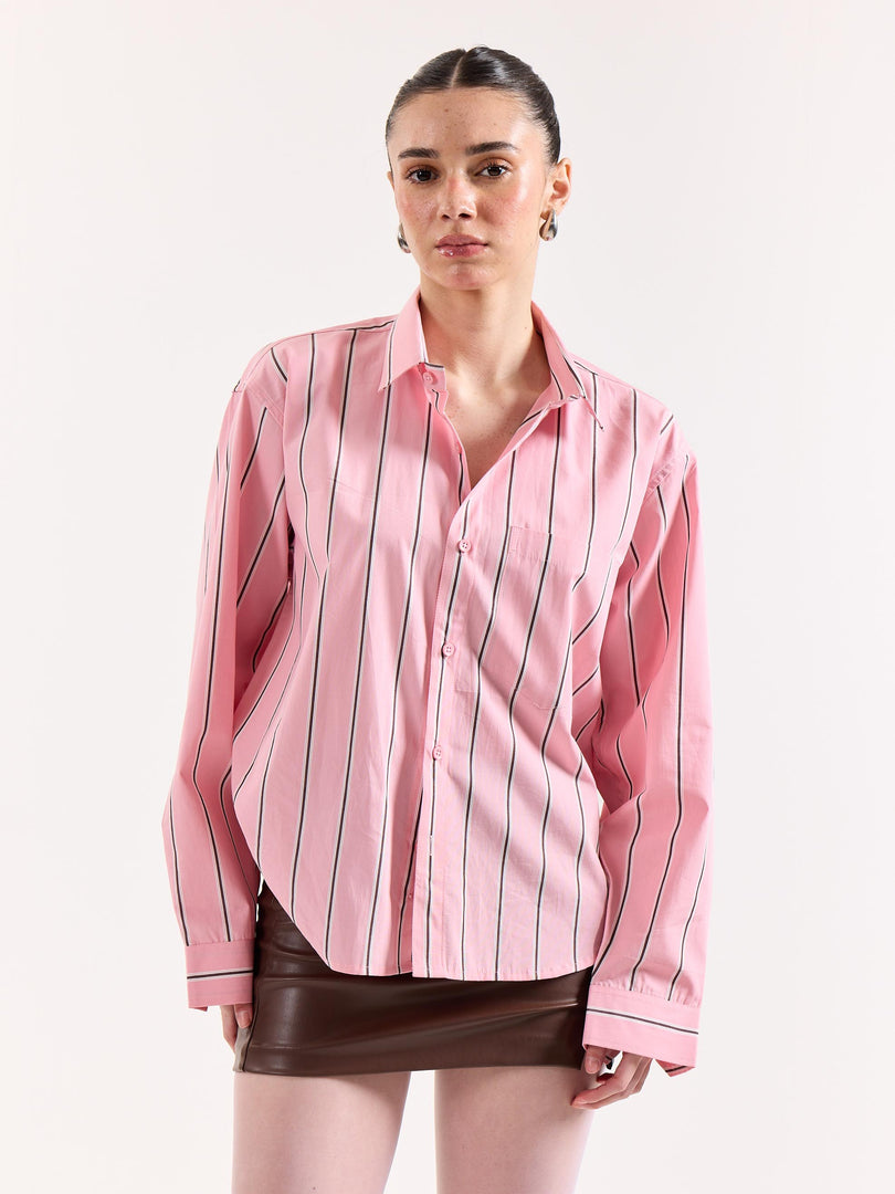 Pink & Brown Striped Poplin Oversized Shirt