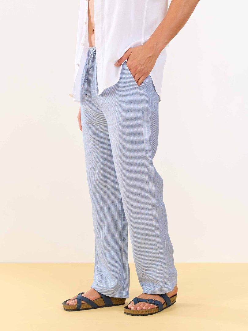 Blue Striped Linen Pull-on Pants