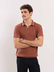 Brown Waffle Knit Polo T-shirt