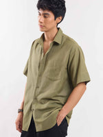 Load image into Gallery viewer, Olive Green Half Sleeve Linen Shirt

