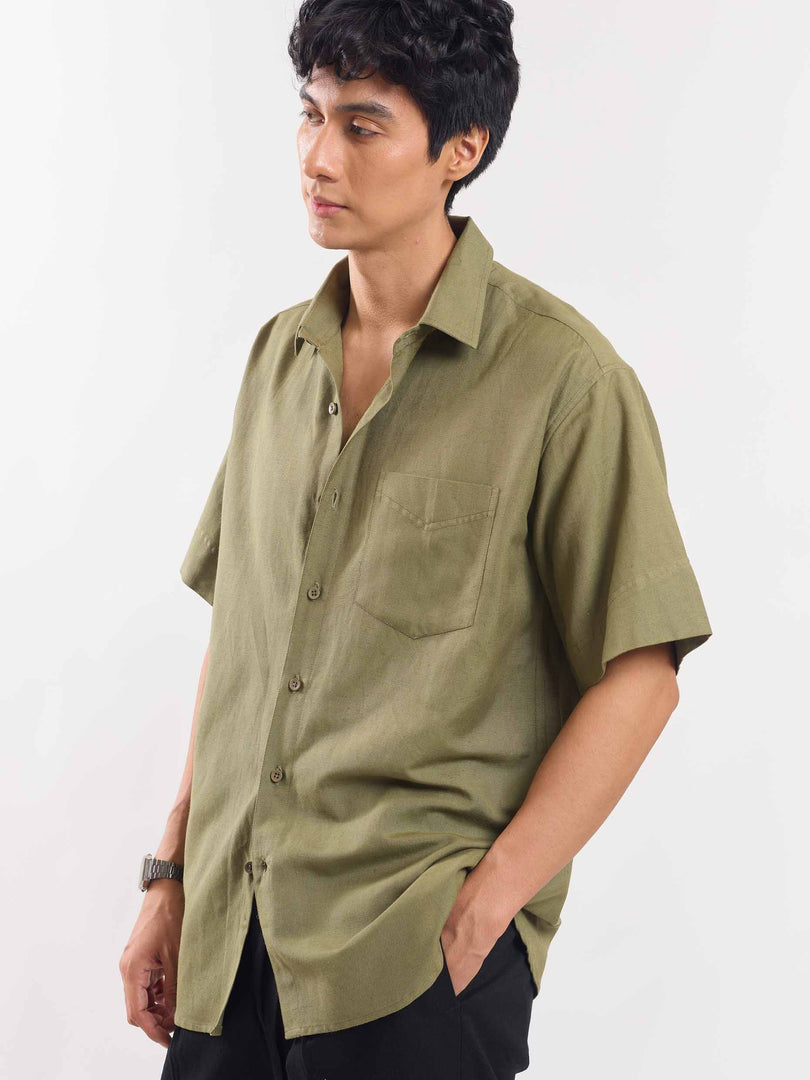Olive Green Half Sleeve Linen Shirt