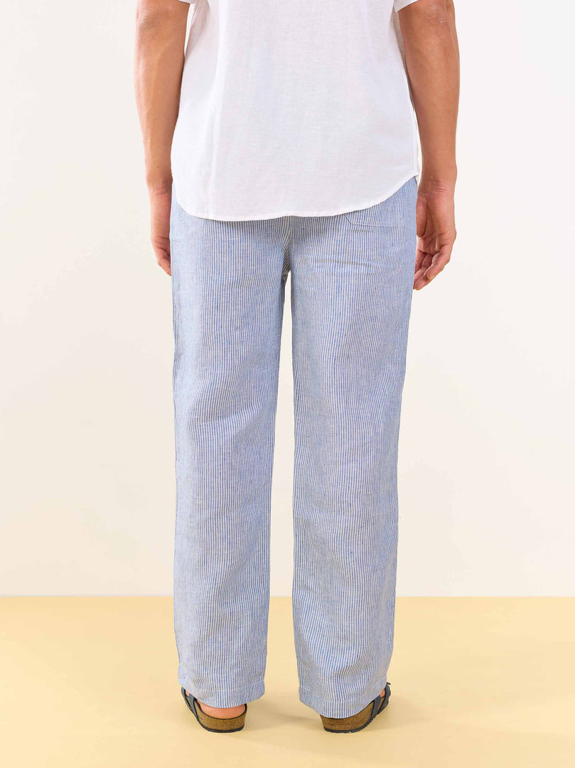 Blue Striped Linen Pull-on Pants