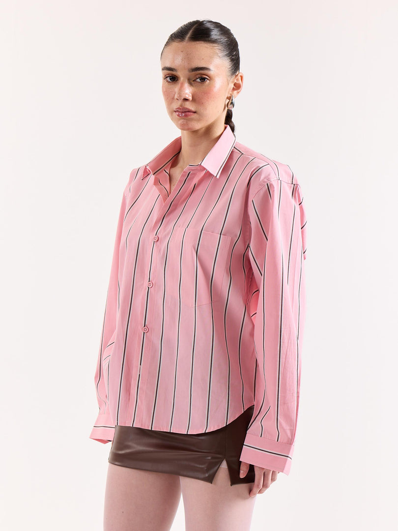 Pink & Brown Striped Poplin Oversized Shirt