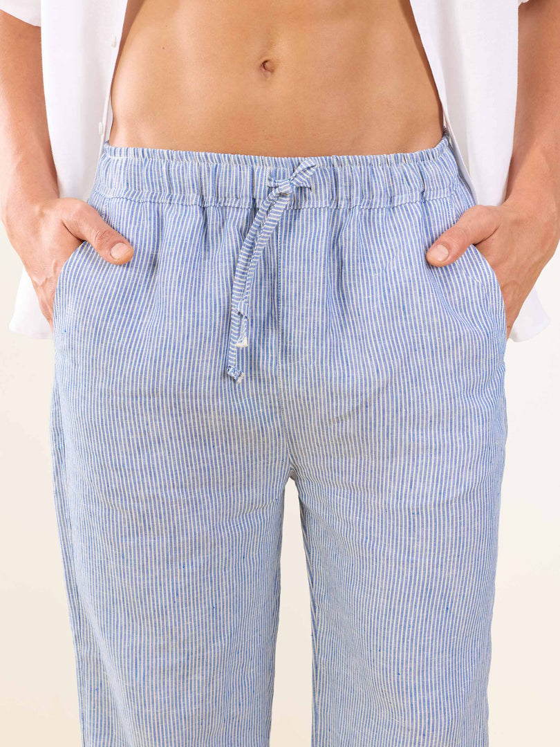 Blue Striped Linen Pull-on Pants