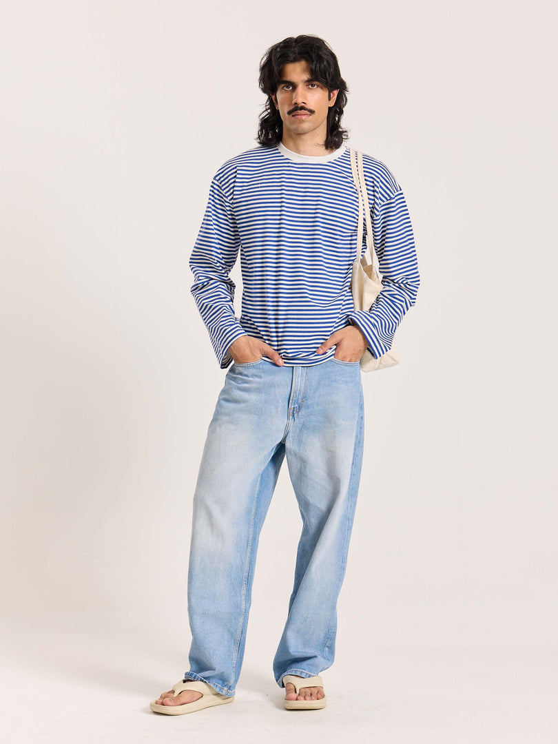 Blue Striped Loose Fit Cropped T-Shirt