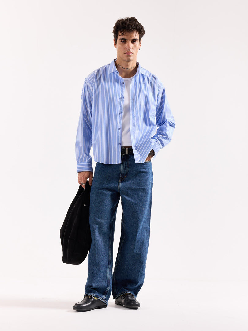 Light Blue Striped Poplin Oversized Shirt