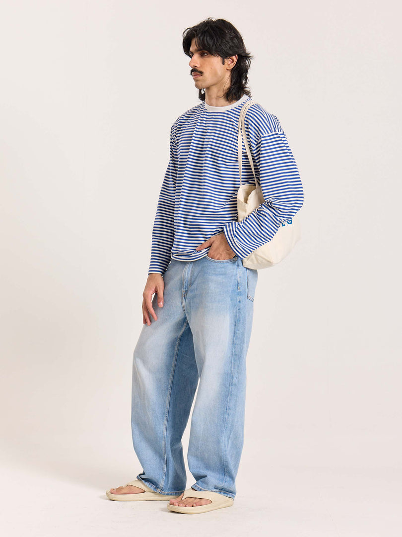 Blue Striped Loose Fit Cropped T-Shirt