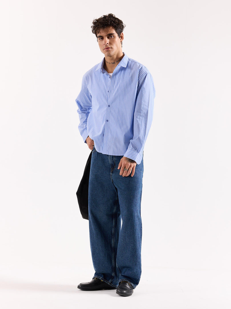 Light Blue Striped Poplin Oversized Shirt