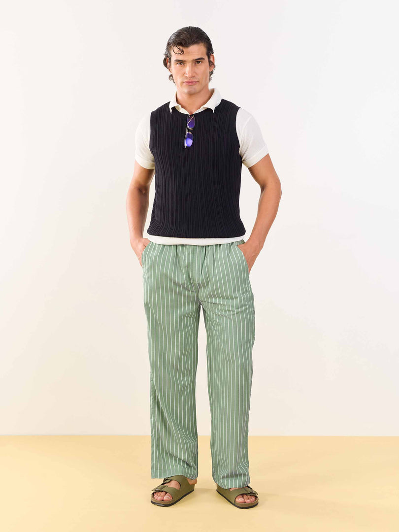 Olive Striped Linen Pull-on Pants