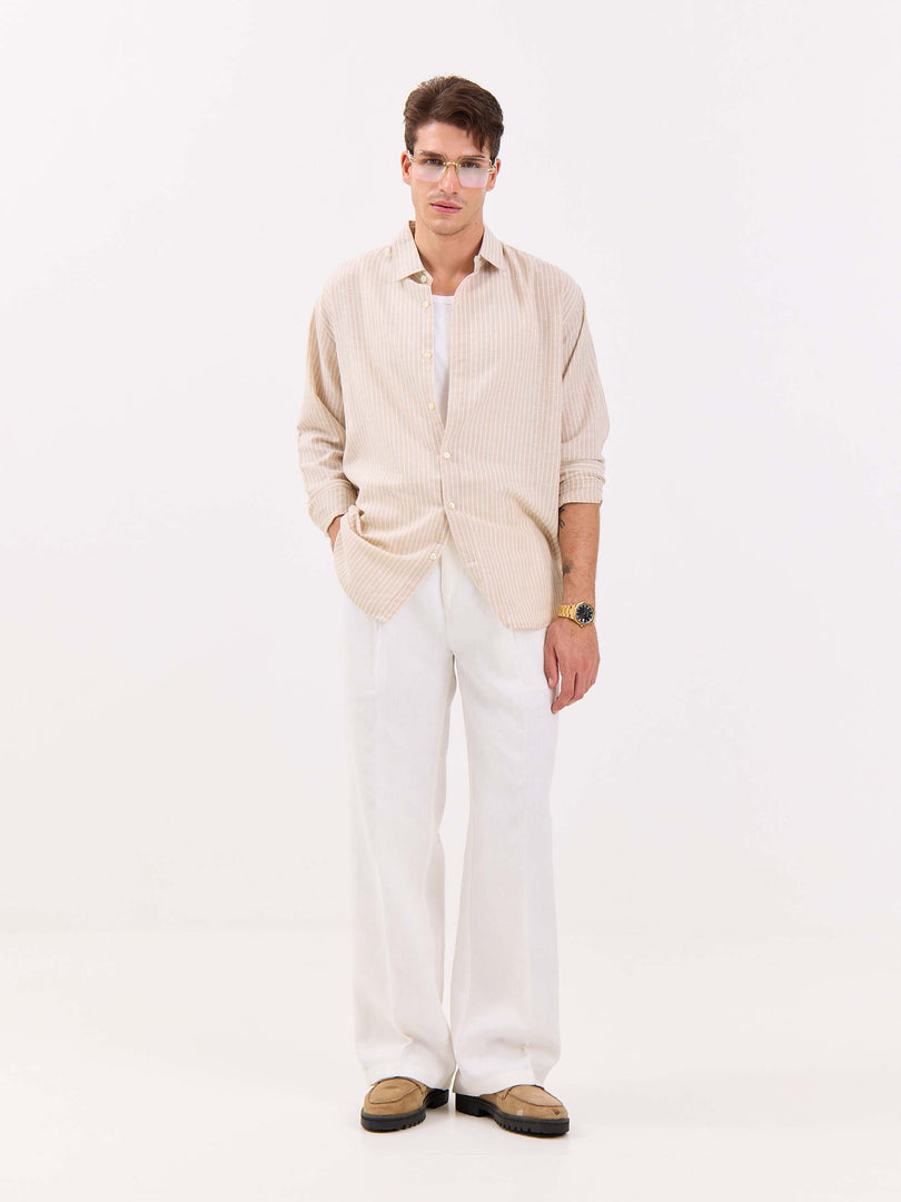 Beige Striped Linen-blend Shirt