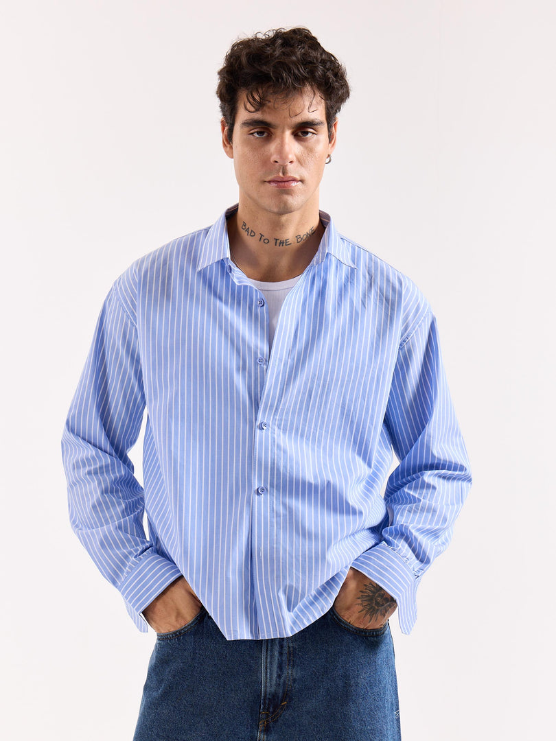 Light Blue Striped Poplin Oversized Shirt