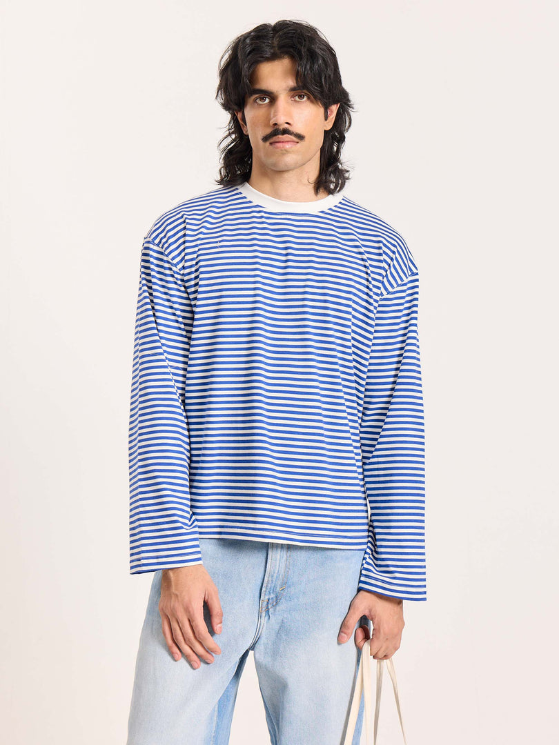 Blue Striped Loose Fit Cropped T-Shirt