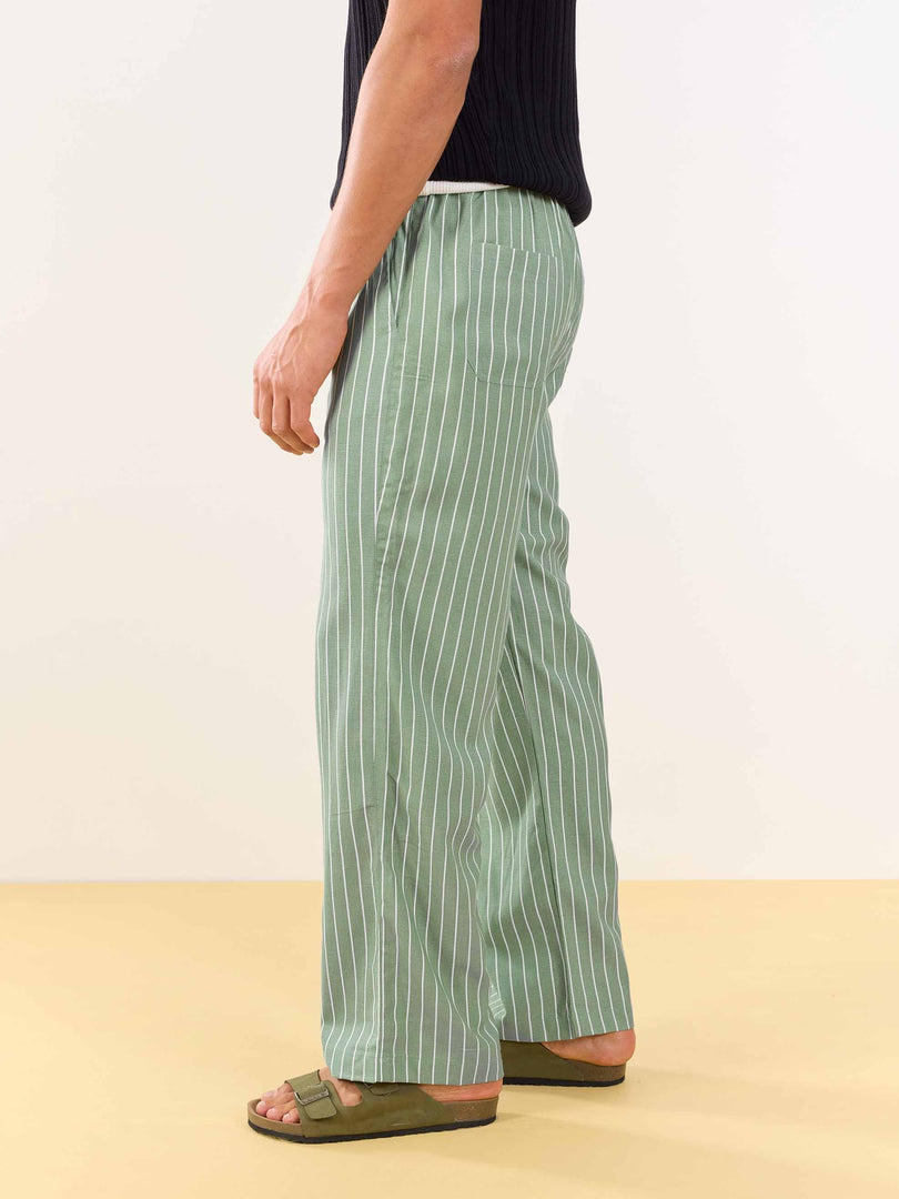 Olive Striped Linen Pull-on Pants