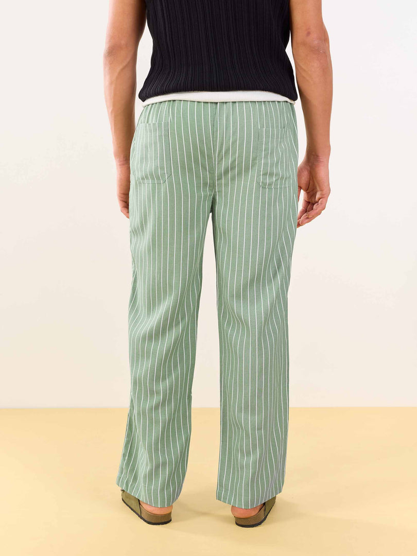 Olive Striped Linen Pull-on Pants