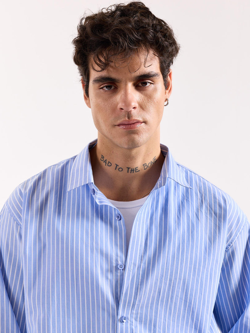 Light Blue Striped Poplin Oversized Shirt