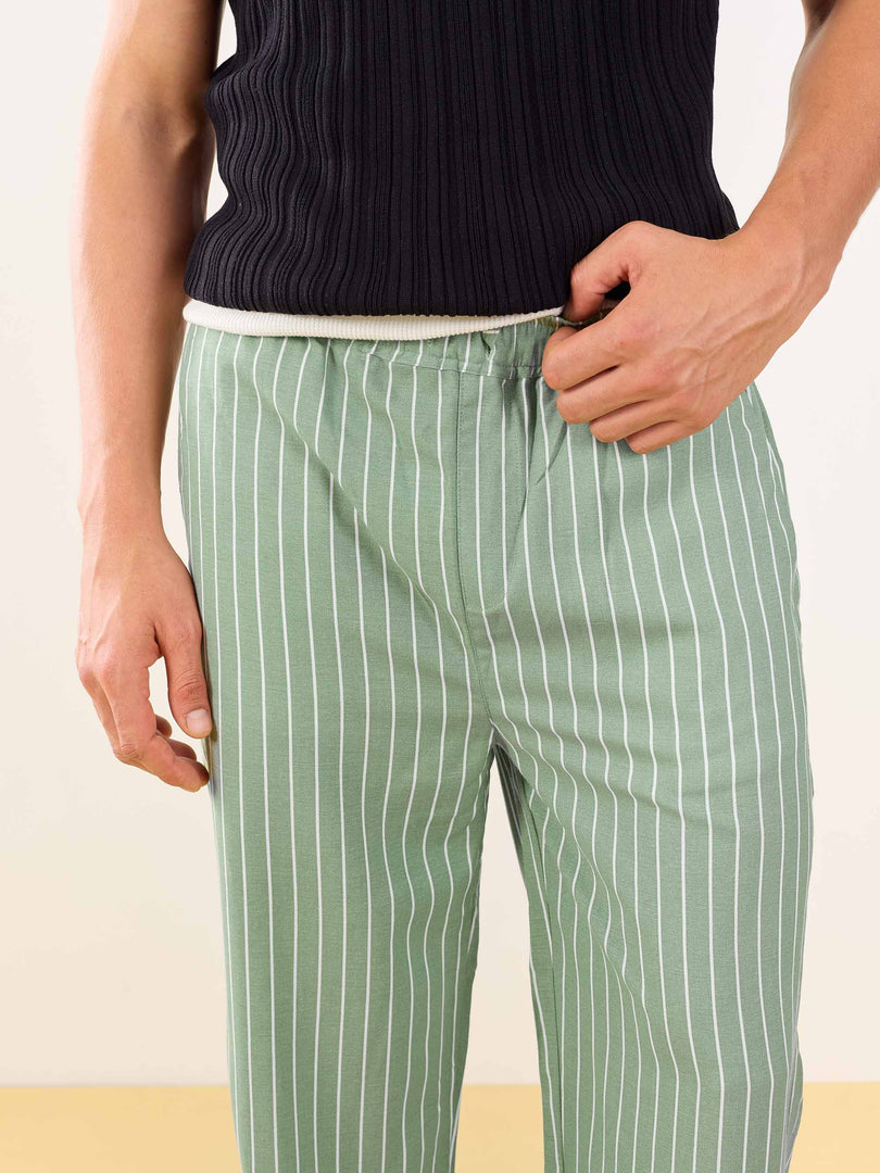 Olive Striped Linen Pull-on Pants