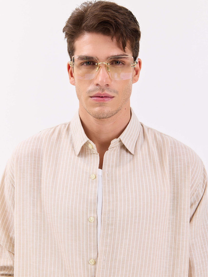 Beige Striped Linen-blend Shirt