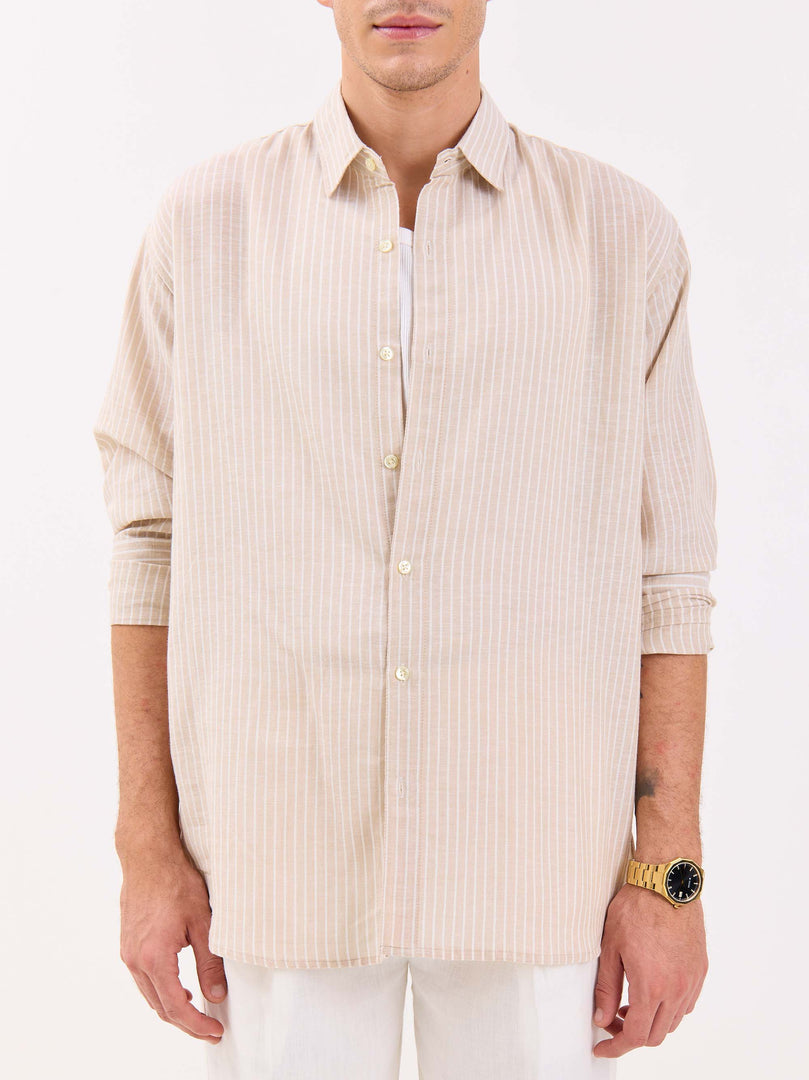 Beige Striped Linen-blend Shirt