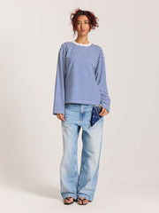 Blue Striped Loose Fit Cropped T-Shirt