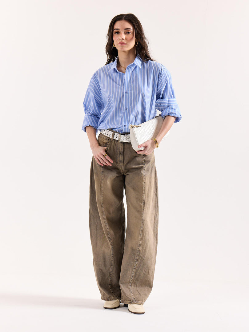 Light Blue Striped Poplin Oversized Shirt