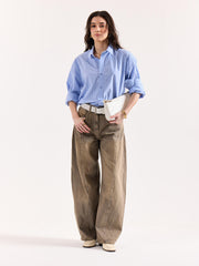 Light Blue Striped Poplin Oversized Shirt