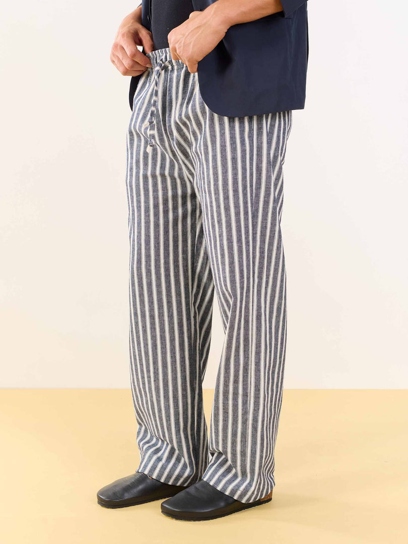 Grey Striped Linen Pull-on Pants