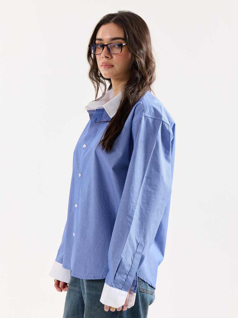 Blue Striped Contrast Collar Oversized Shirt
