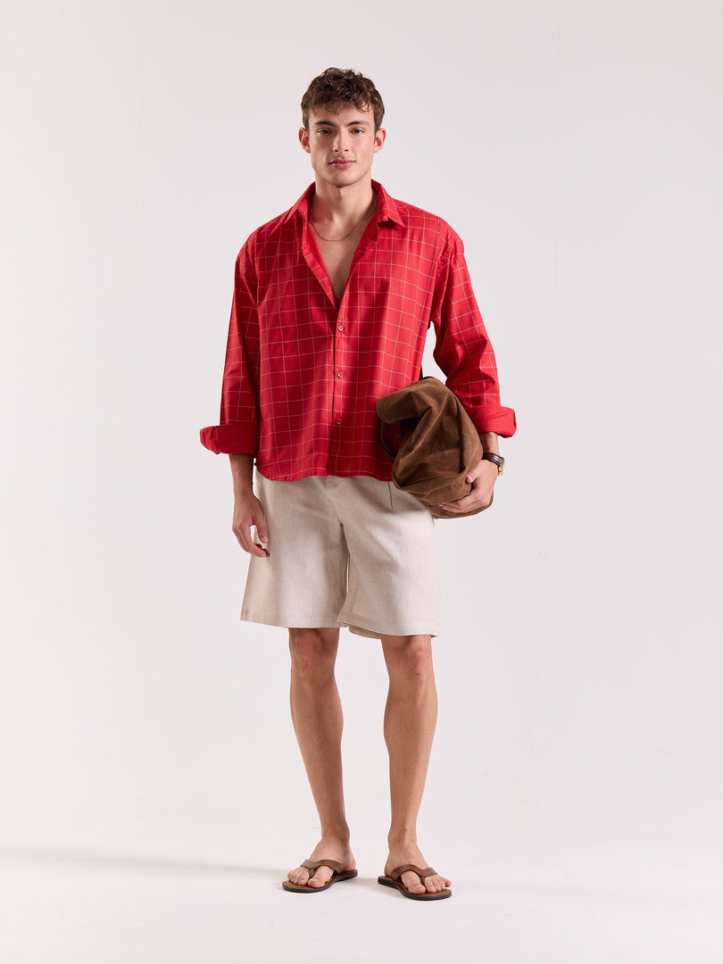 Red Checkered Linen Cropped Shirt ( Pre-Order )