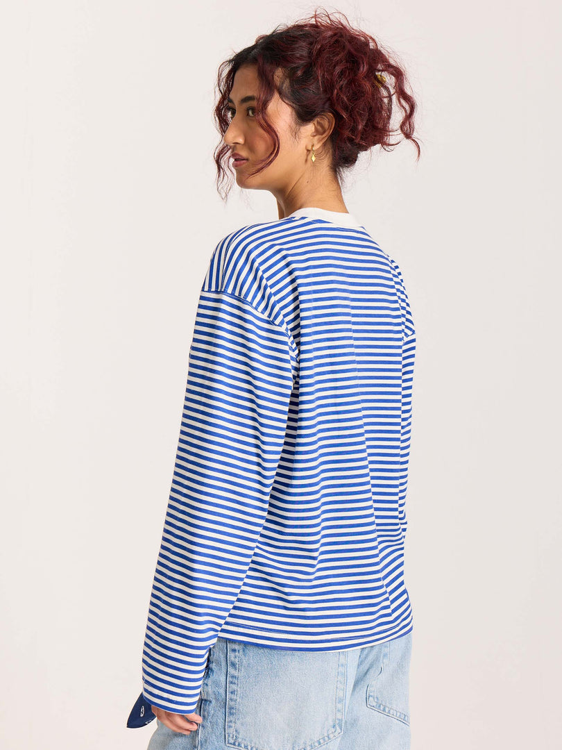 Blue Striped Loose Fit Cropped T-Shirt
