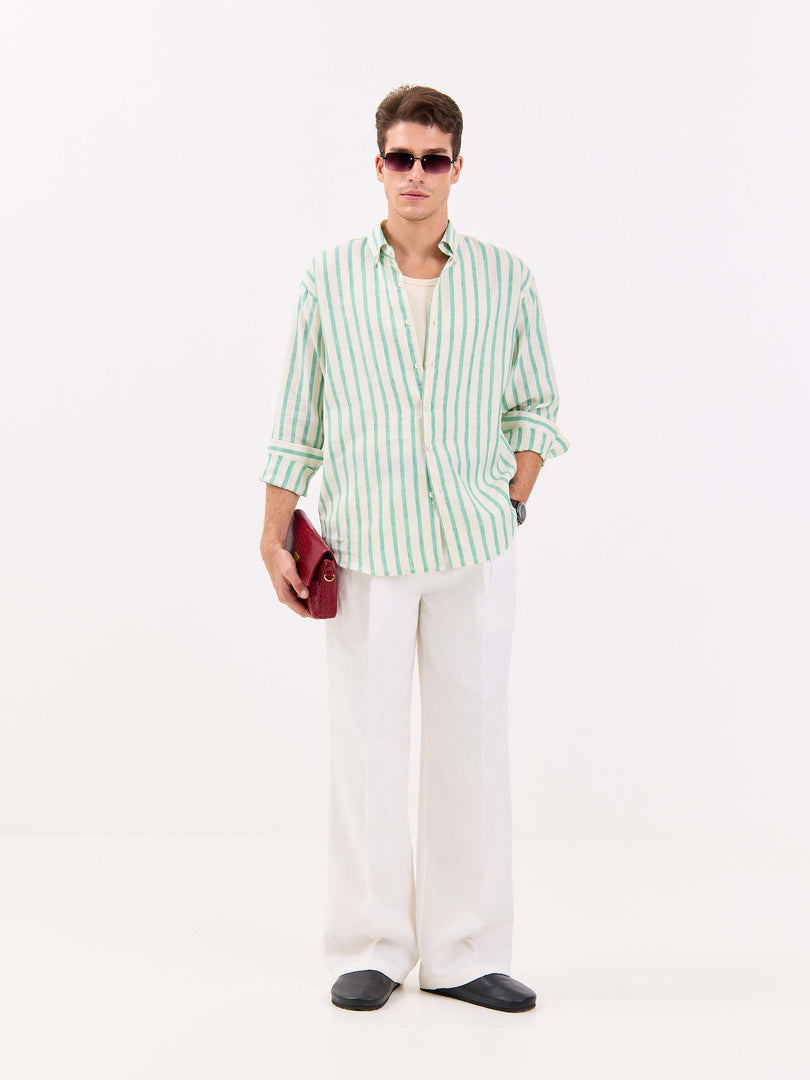 Cream & Green Striped Irish Linen Shirt
