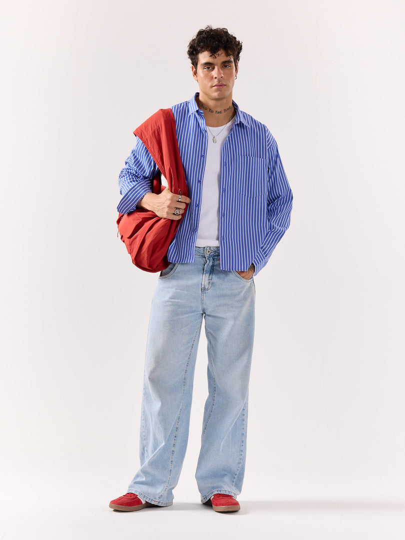 Royal Blue Striped Poplin Oversized Shirt