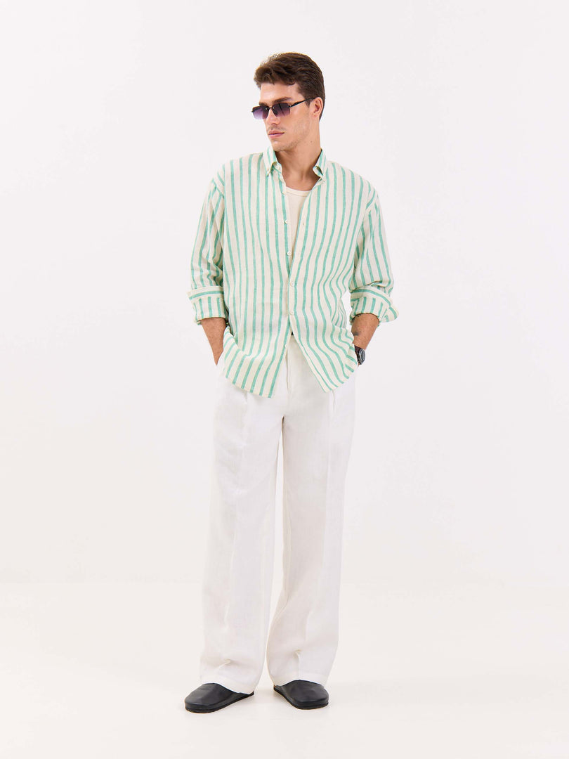 Cream & Green Striped Irish Linen Shirt