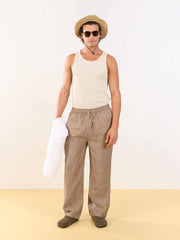 Brown Textured Linen Pull-on Pants