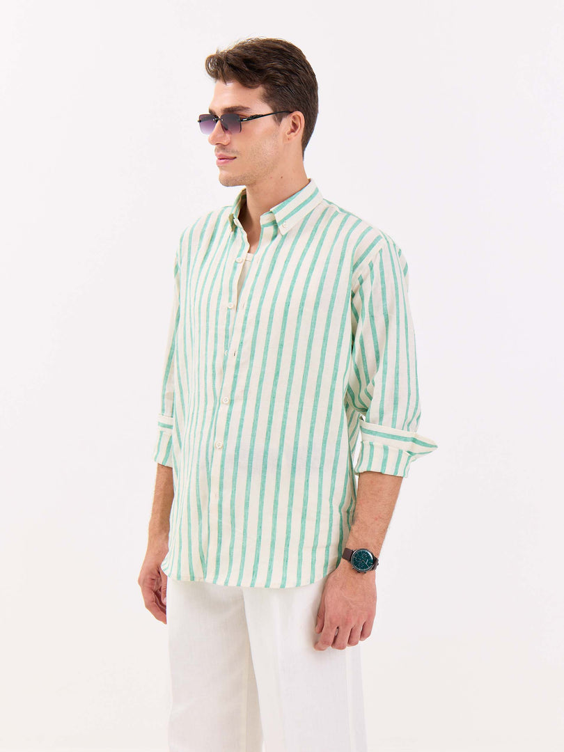 Cream & Green Striped Irish Linen Shirt
