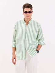 Cream & Green Striped Irish Linen Shirt