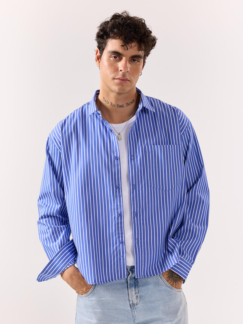 Royal Blue Striped Poplin Oversized Shirt