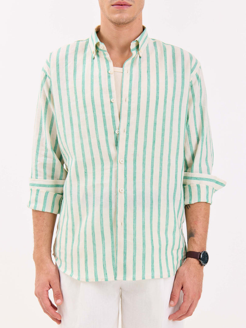 Cream & Green Striped Irish Linen Shirt